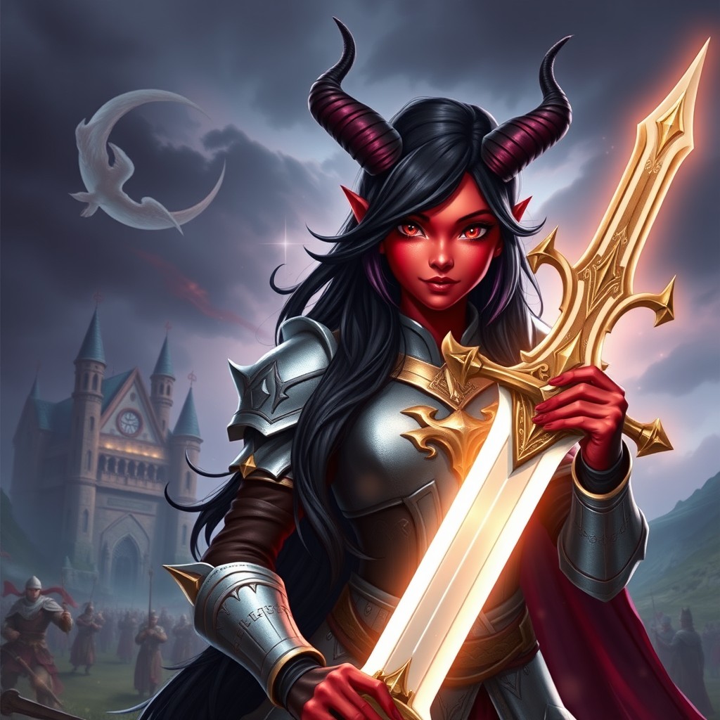 A young female Tiefling Paladin stands bravely, showcasing her unique features including her vibrant crimson skin and long, flowing black hair accented with deep purple shades