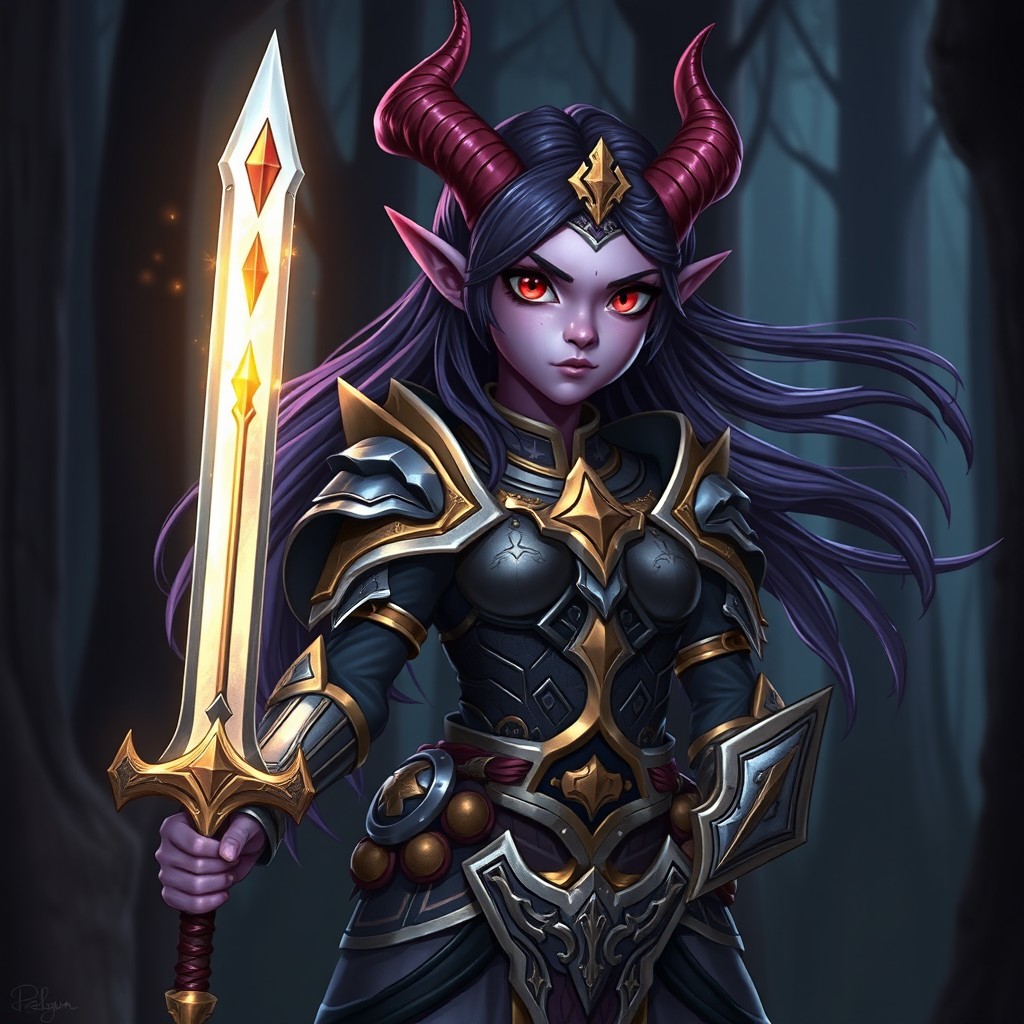 A young female Tiefling Paladin stands confidently, showcasing her striking features like purple skin, elegant horns, and glowing red eyes
