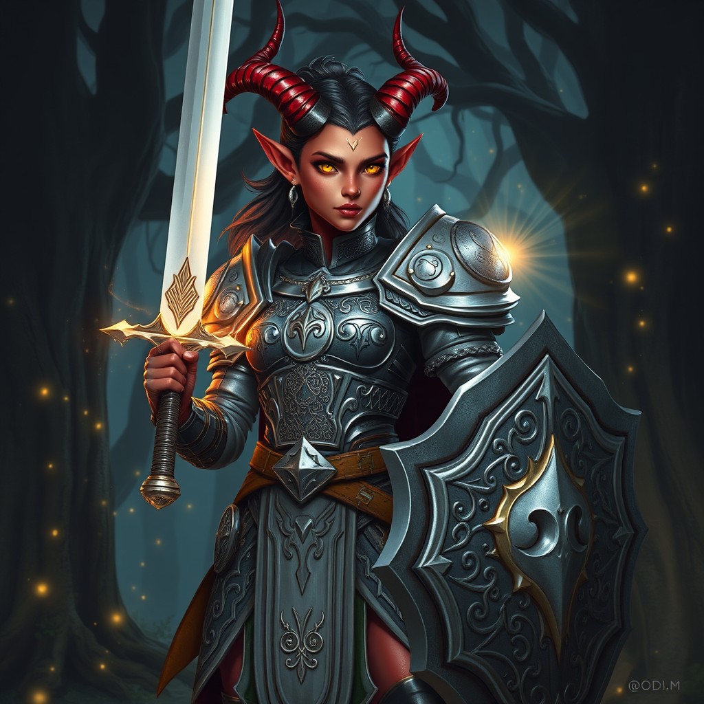 A young adult female Tiefling Paladin stands proudly in a heroic pose, showcasing her striking features including deep crimson skin, elegantly curved horns, and vibrant golden eyes