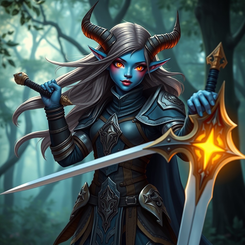 A teenage female Tiefling Paladin stands heroically, displaying her unique features such as vibrant blue skin, graceful horns, and luminous golden eyes