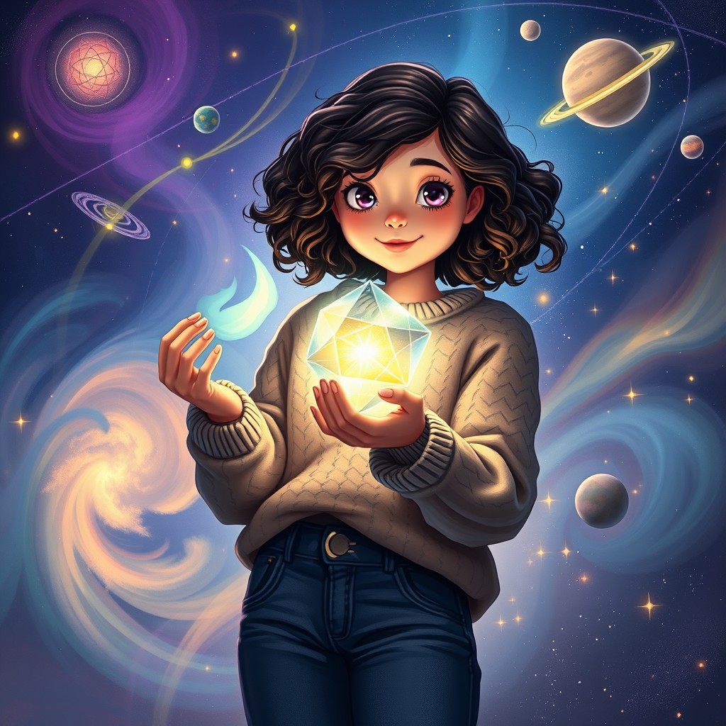 A whimsical and magical depiction of Meg Murry from 'A Wrinkle in Time', featuring her with curly dark hair, wearing a cozy sweater and jeans, holding a tesseract glowing with light, surrounded by swirling cosmic colors and starlit backgrounds