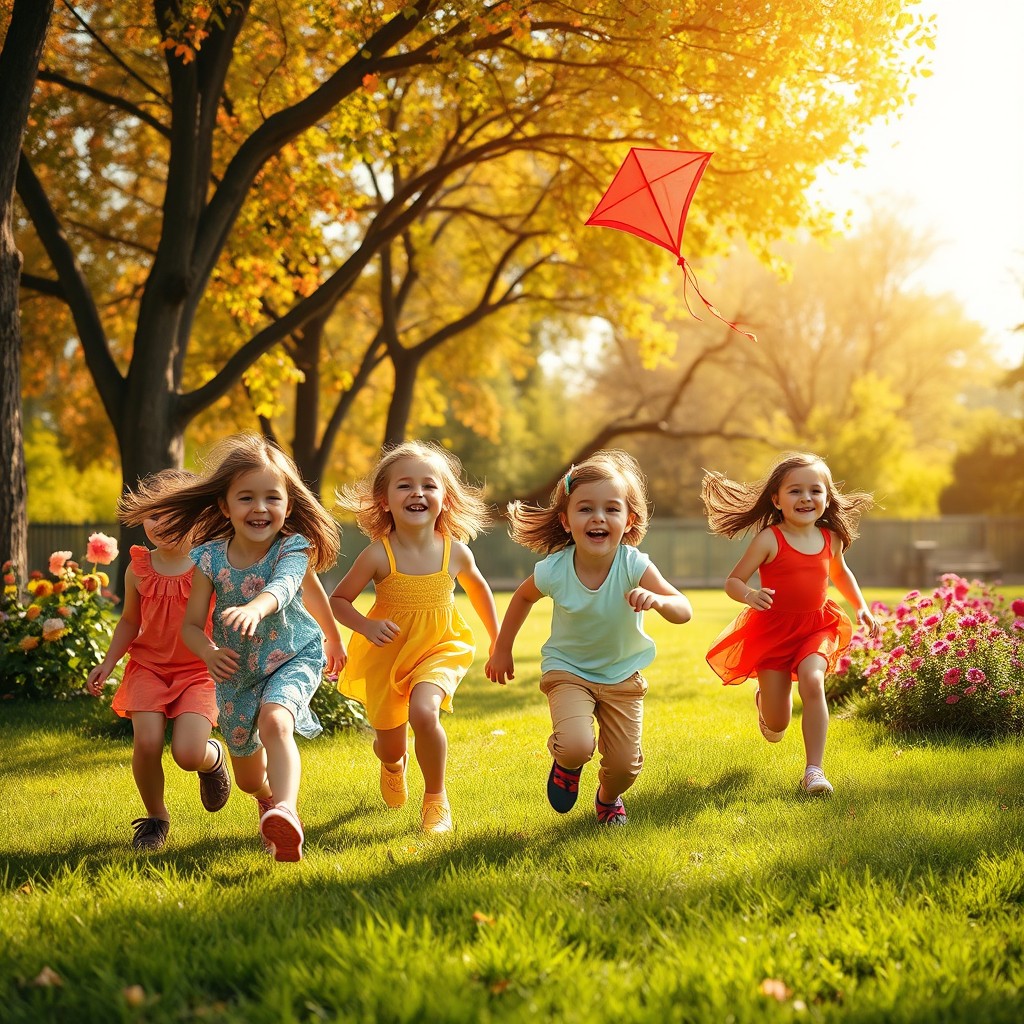 A playful and colorful scene inspired by 'Wicked Game', depicting children joyfully playing in a sunlit park