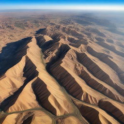 A breathtaking aerial view of Iran, showcasing the diverse landscapes, from the dramatic mountain ranges to the sprawling cities, under the sapphire sky.