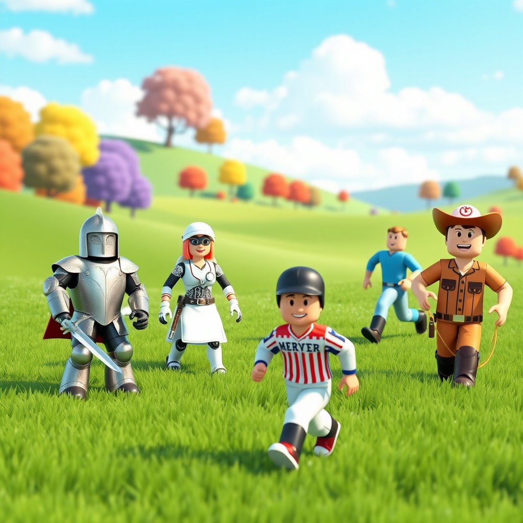 An expansive open field in a vibrant Roblox world, showcasing a whimsical landscape with rolling hills and colorful trees