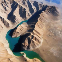 A breathtaking aerial view of Iran, showcasing the diverse landscapes, from the dramatic mountain ranges to the sprawling cities, under the sapphire sky.