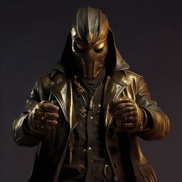 A detailed image of a Syrian god figure wearing a menacing mask. He's wielding two golden pistols, draped in a dark leather jacket, and presents a visibly angry facial expression. His supernatural powers evident around him.