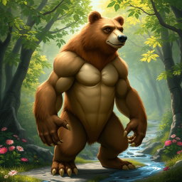 A hybrid creature that is a mix between a bear and a human, featuring the strong, muscular physique of a bear with humanoid limbs and facial features