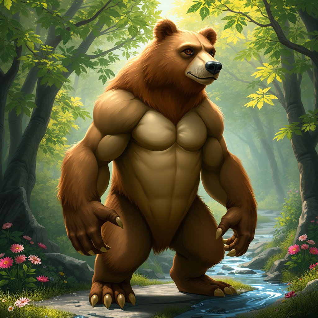 A hybrid creature that is a mix between a bear and a human, featuring the strong, muscular physique of a bear with humanoid limbs and facial features