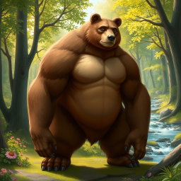A hybrid creature that is a mix between a bear and a human, featuring the strong, muscular physique of a bear with humanoid limbs and facial features