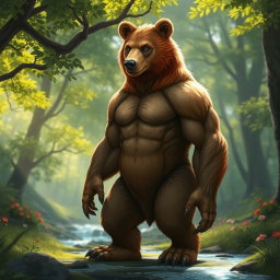 A hybrid creature that is a mix between a bear and a human, featuring the strong, muscular physique of a bear with humanoid limbs and facial features