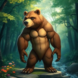 A hybrid creature that is a mix between a bear and a human, featuring the strong, muscular physique of a bear with humanoid limbs and facial features
