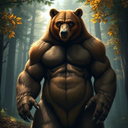 A realistic depiction of a bear-human hybrid, showcasing a powerful yet graceful creature
