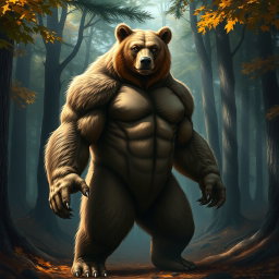 A realistic depiction of a bear-human hybrid, showcasing a powerful yet graceful creature
