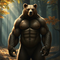 A realistic depiction of a bear-human hybrid, showcasing a powerful yet graceful creature