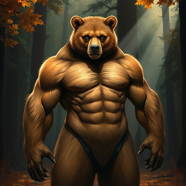 A realistic depiction of a bear-human hybrid, showcasing a powerful yet graceful creature