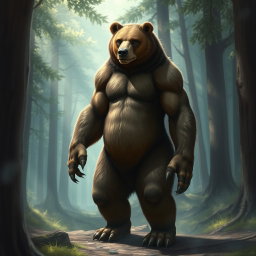 A realistic depiction of a humanoid bear hybrid, featuring a blend of bear and human characteristics
