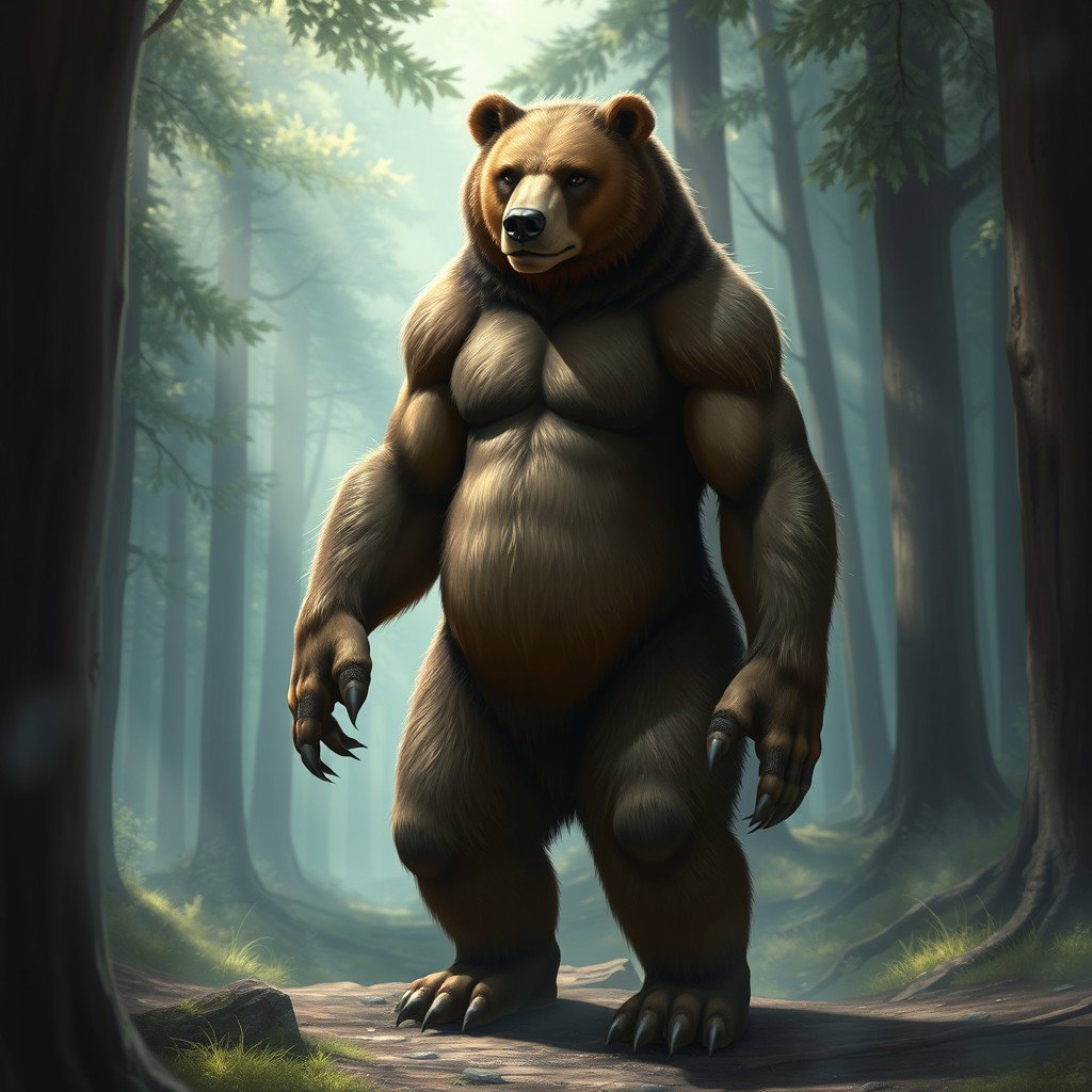 A realistic depiction of a humanoid bear hybrid, featuring a blend of bear and human characteristics