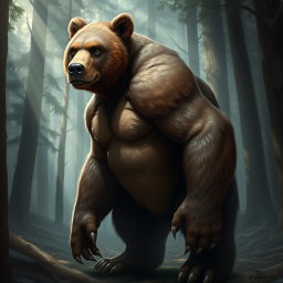 A realistic depiction of a humanoid bear hybrid, featuring a blend of bear and human characteristics