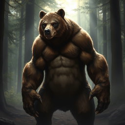 A realistic depiction of a humanoid bear hybrid, featuring a blend of bear and human characteristics