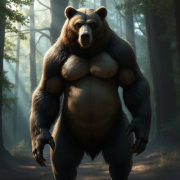 A realistic depiction of a humanoid bear hybrid, featuring a blend of bear and human characteristics