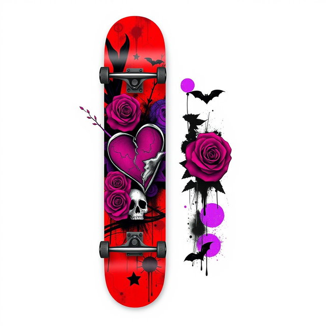 A vibrant and edgy emo skateboard design featuring a dark color palette with elements like skulls, roses, and abstract graffiti art