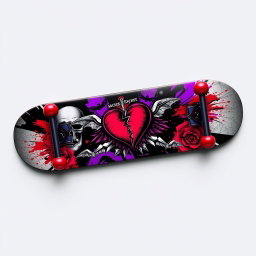 A vibrant and edgy emo skateboard design featuring a dark color palette with elements like skulls, roses, and abstract graffiti art