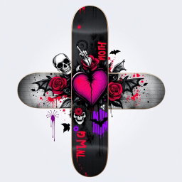 A vibrant and edgy emo skateboard design featuring a dark color palette with elements like skulls, roses, and abstract graffiti art