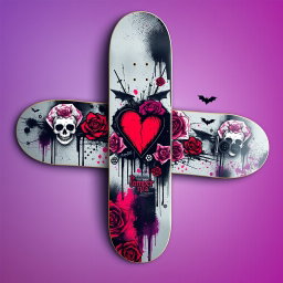 A vibrant and edgy emo skateboard design featuring a dark color palette with elements like skulls, roses, and abstract graffiti art