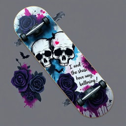 A stylish emo skateboard design that features a dark and moody color scheme, prominently displaying images of skulls, bats, and intricate floral patterns such as black roses