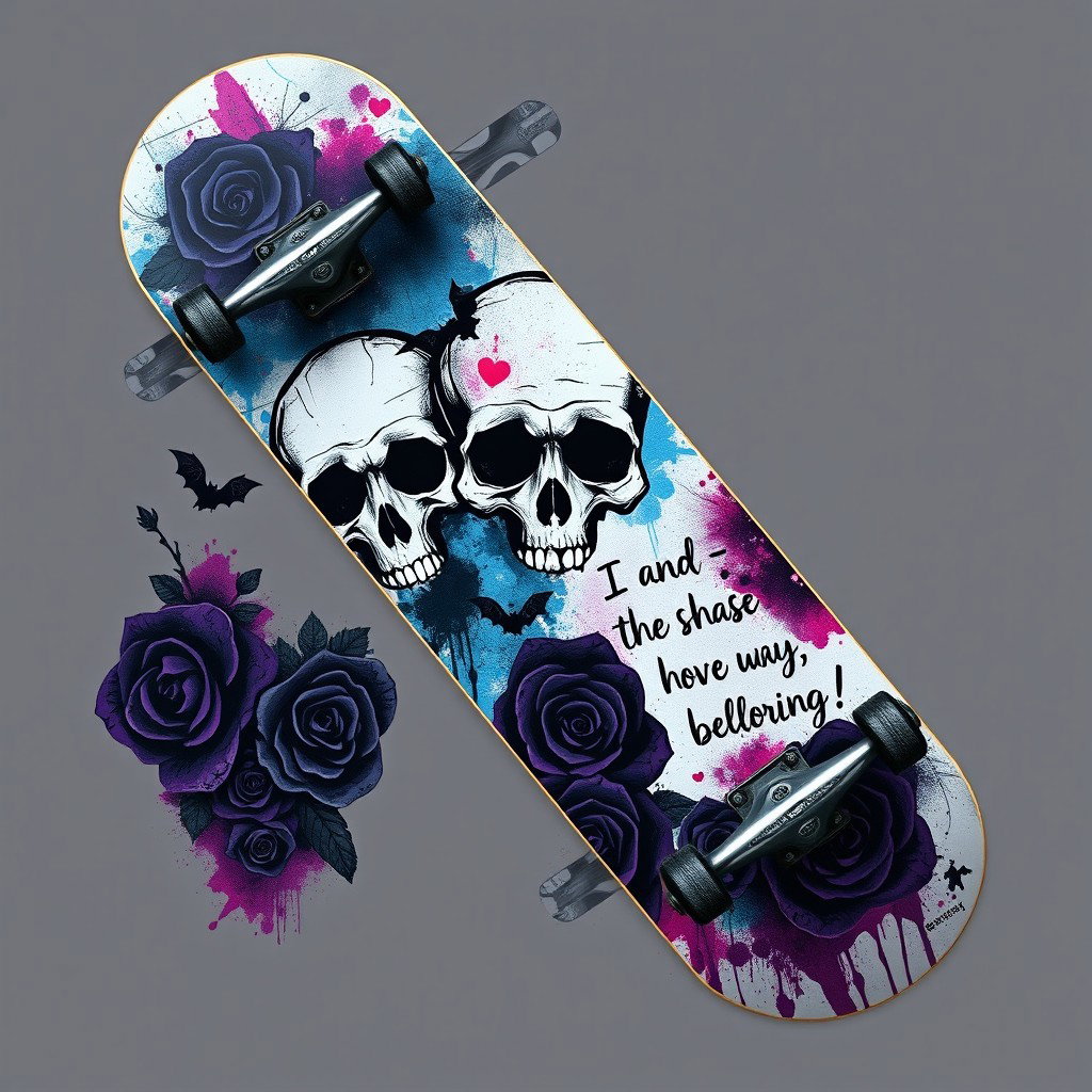 A stylish emo skateboard design that features a dark and moody color scheme, prominently displaying images of skulls, bats, and intricate floral patterns such as black roses