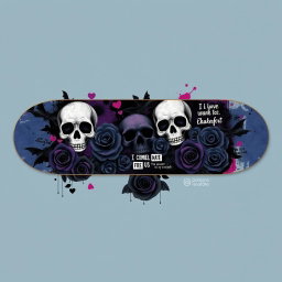 A stylish emo skateboard design that features a dark and moody color scheme, prominently displaying images of skulls, bats, and intricate floral patterns such as black roses