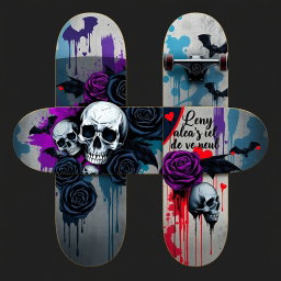 A stylish emo skateboard design that features a dark and moody color scheme, prominently displaying images of skulls, bats, and intricate floral patterns such as black roses