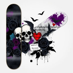 A stylish emo skateboard design that features a dark and moody color scheme, prominently displaying images of skulls, bats, and intricate floral patterns such as black roses