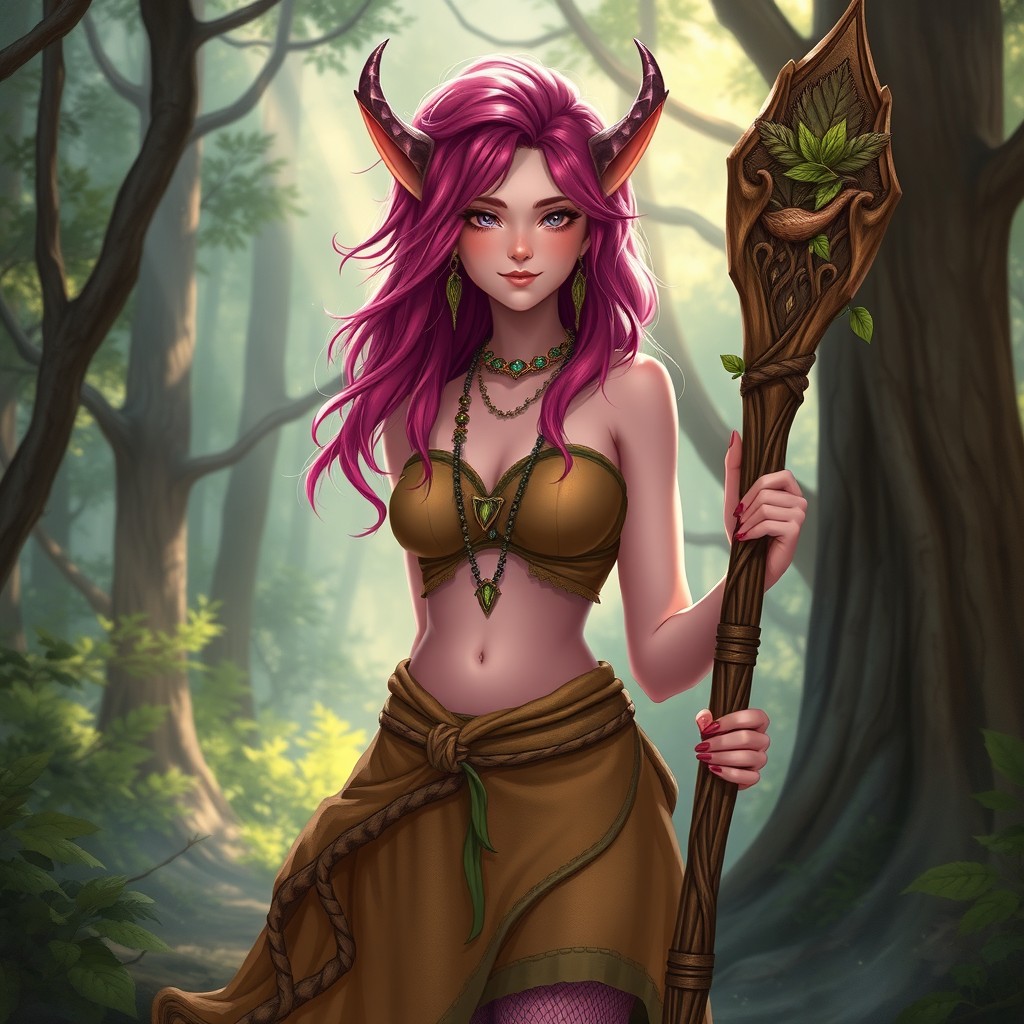 A female firbolg character from Dungeons and Dragons, featuring vibrant magenta hair and smooth pink skin
