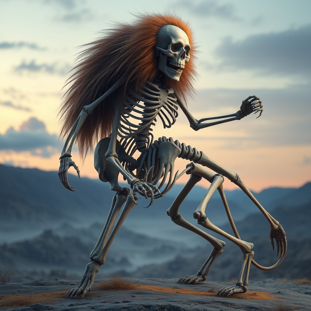 A surreal and imaginative scene featuring a human skeleton merged with a lion's body, creating a striking creature that symbolizes strength and mortality