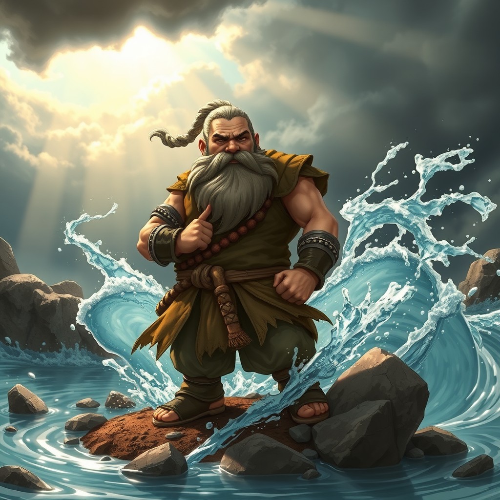 A powerful dwarf elemental bender with mastery over both earth and water, standing confidently in a dynamic pose