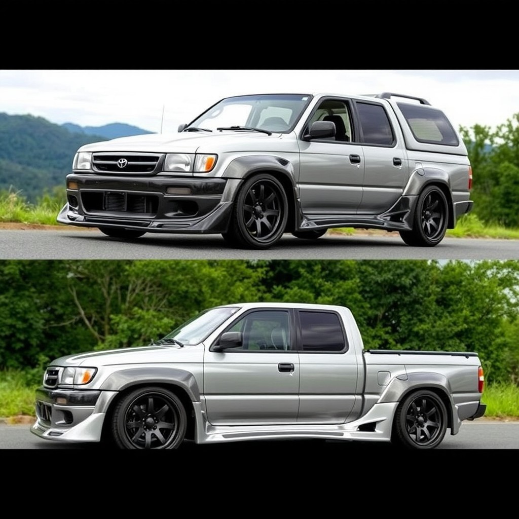 A 1998 Toyota Hilux SW4, featuring an aggressive wide body kit that enhances its muscular appearance while maintaining the original shape of the vehicle
