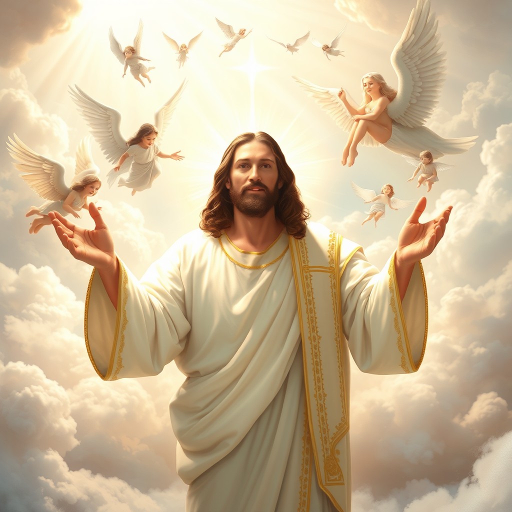 A breathtaking depiction of Jesus in a heavenly setting, illuminated by radiant beams of light