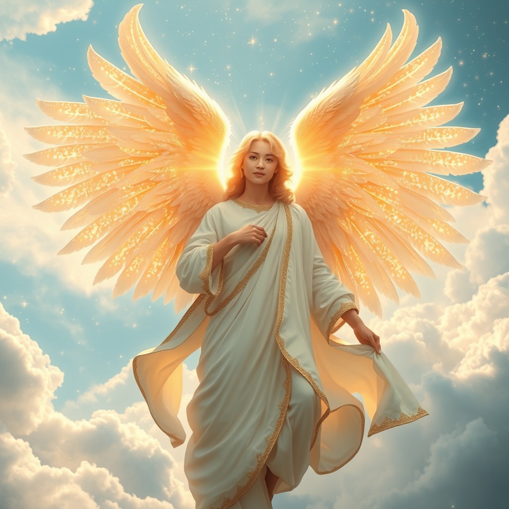 An ethereal image of a magnificent angel in heaven, with large, radiant wings that sparkle under the warm glow of heavenly light