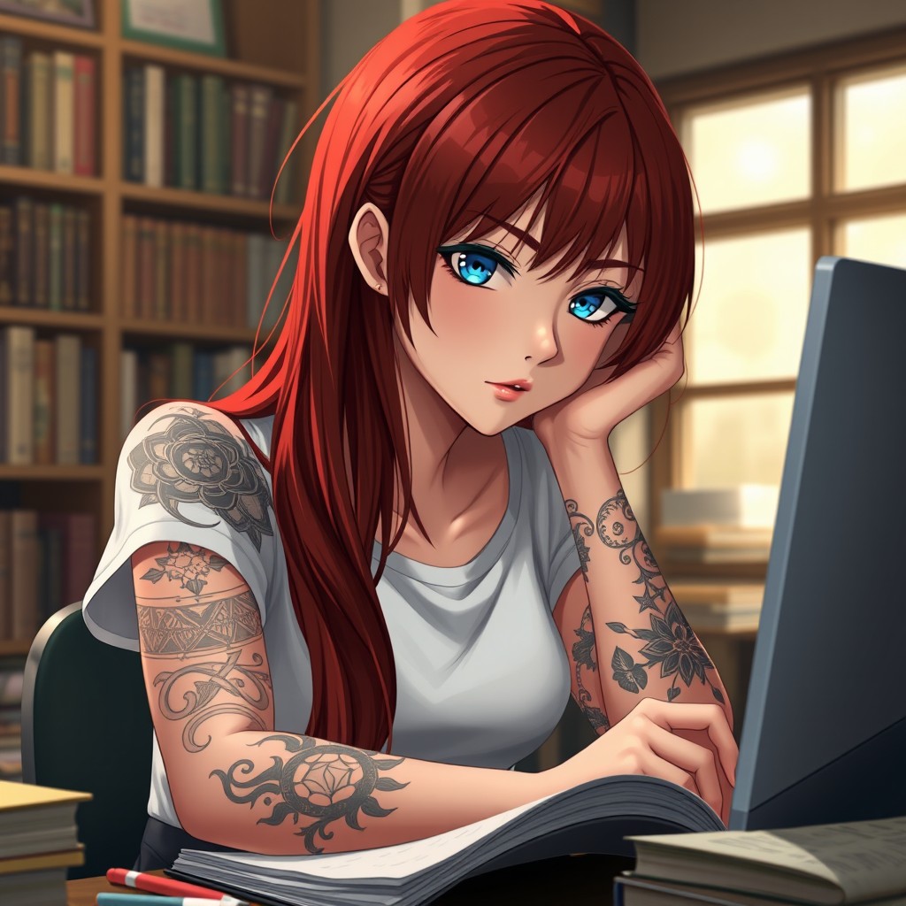 An anime woman with striking long red hair and captivating blue eyes, deeply focused on studying at a computer