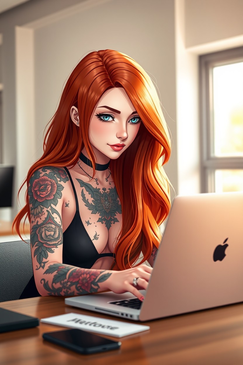 An anime woman with long flowing copper red hair and bright light blue eyes, intently typing on a sleek Apple MacBook laptop