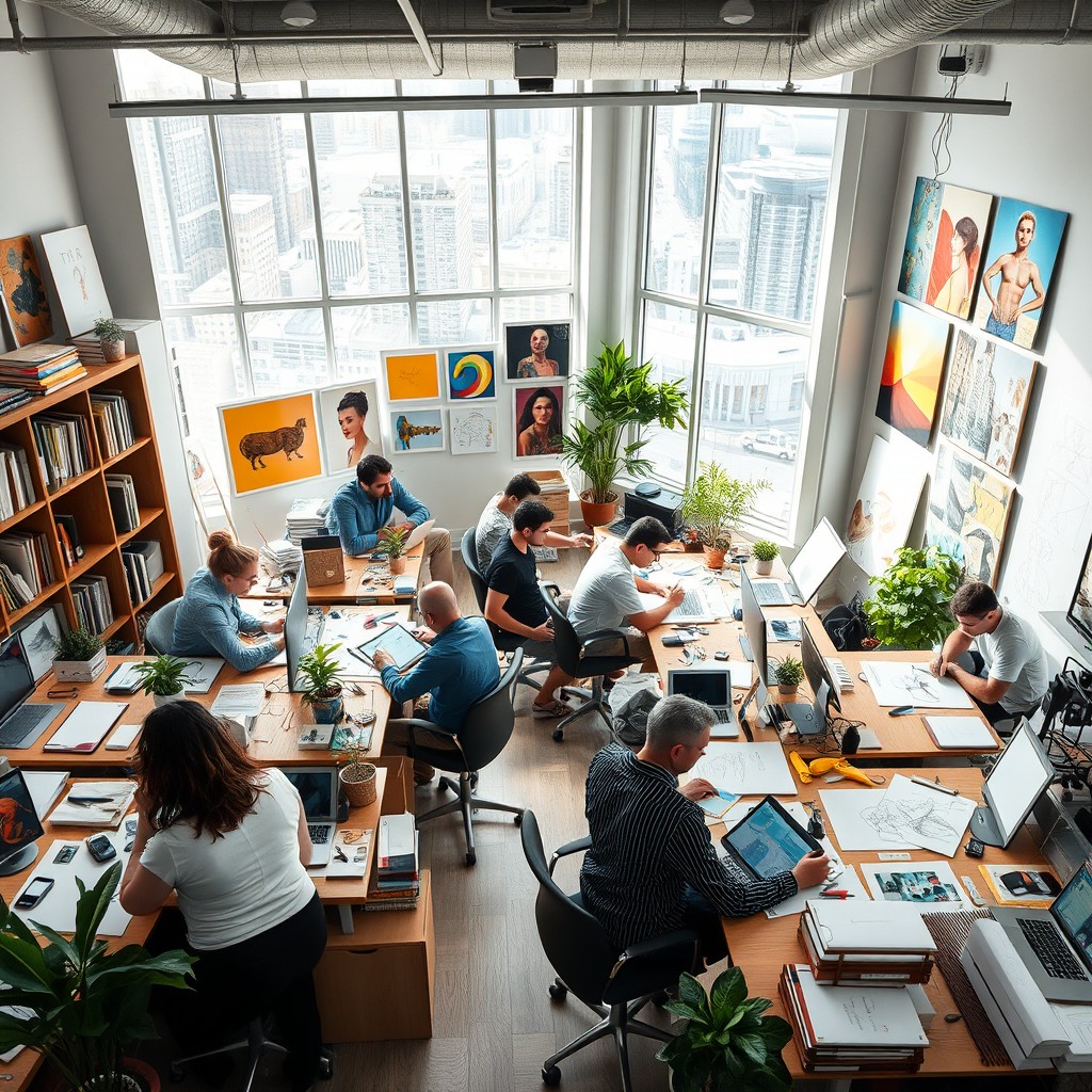 A drawing office filled with various artists and designers at work
