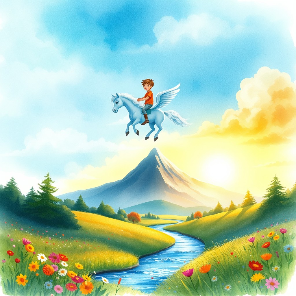 A dreamy landscape illustration in the style of storybook realism, featuring a watercolor sky with predominantly blues and turquoise washes emanating from the upper left corner, gradually brightening towards the horizon as the sun rises