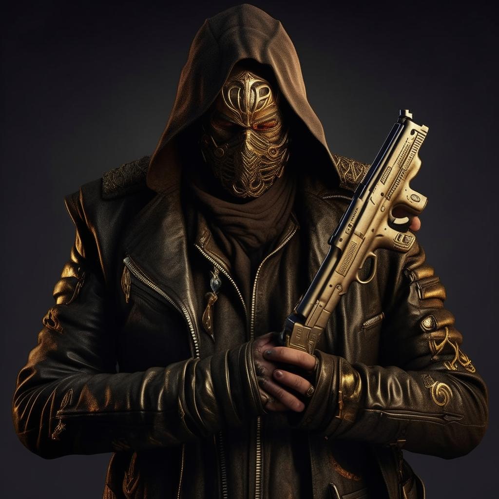 A detailed image of a Syrian god figure wearing a menacing mask. He's wielding two golden pistols, draped in a dark leather jacket, and presents a visibly angry facial expression. His supernatural powers evident around him.