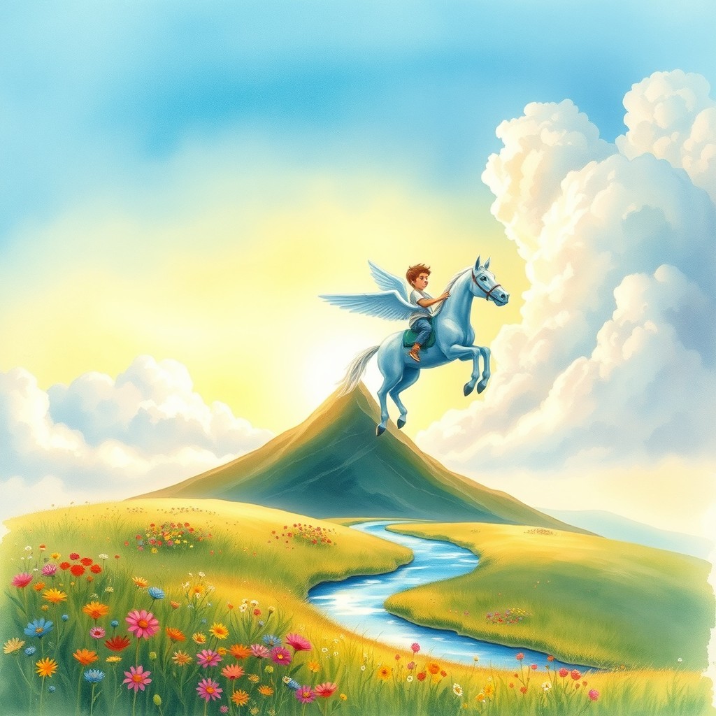 A realistic watercolor landscape featuring a sky predominantly of blues and turquoise washes originating from the upper left corner, filled with fluffy clouds on the right that continue downwards