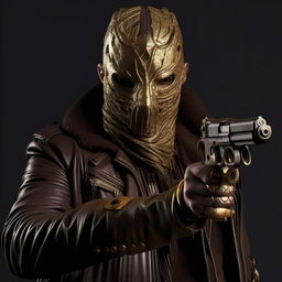 A detailed image of a Syrian god figure wearing a menacing mask. He's wielding two golden pistols, draped in a dark leather jacket, and presents a visibly angry facial expression. His supernatural powers evident around him.