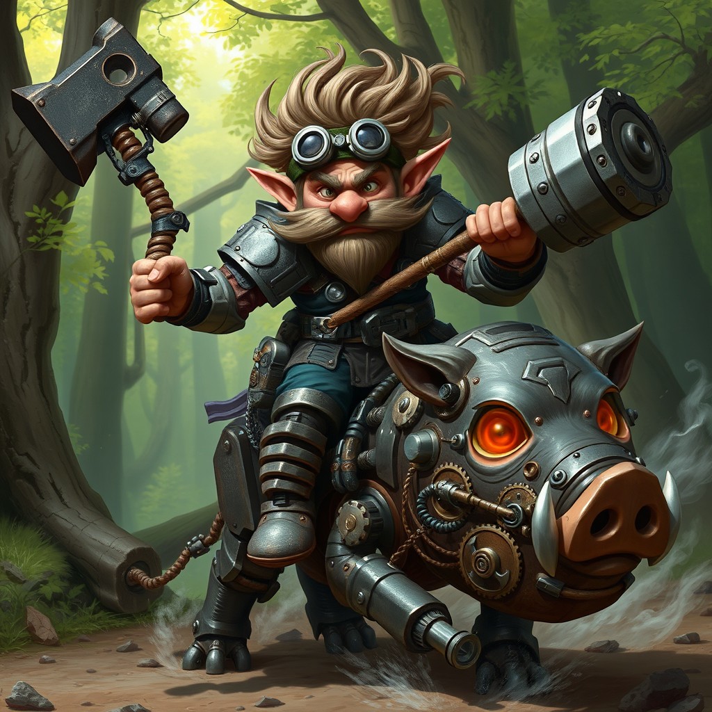 A gnome inventor in armor, wielding a mighty hammer, riding atop a mechanical boar