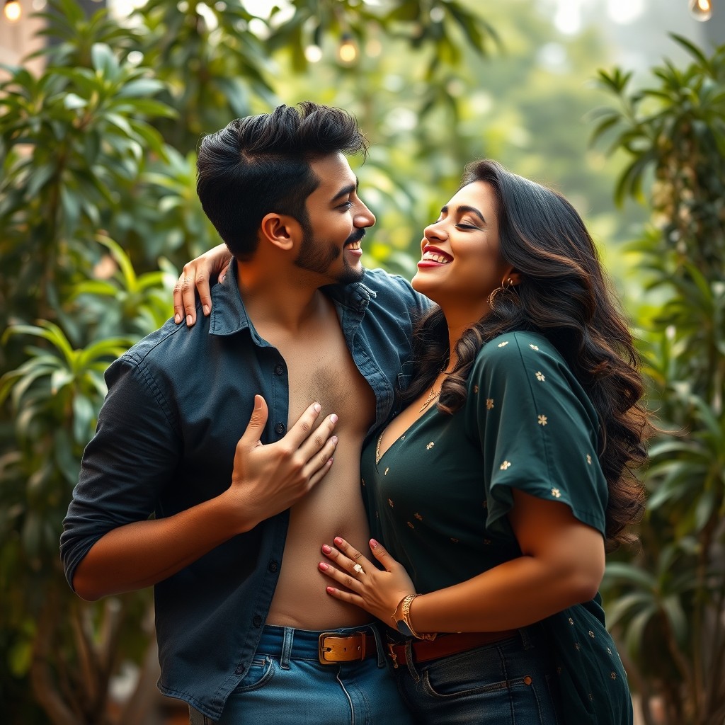 A romantic and playful scene depicting a young attractive man gently kissing the navel of a confident and curvy Indian woman
