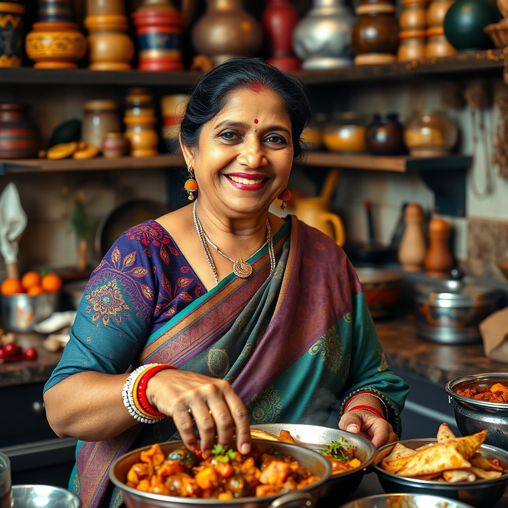 An Indian woman, affectionately referred to as an 'aunty', dressed in traditional colorful attire such as a saree or kurta, with intricate patterns and vibrant colors