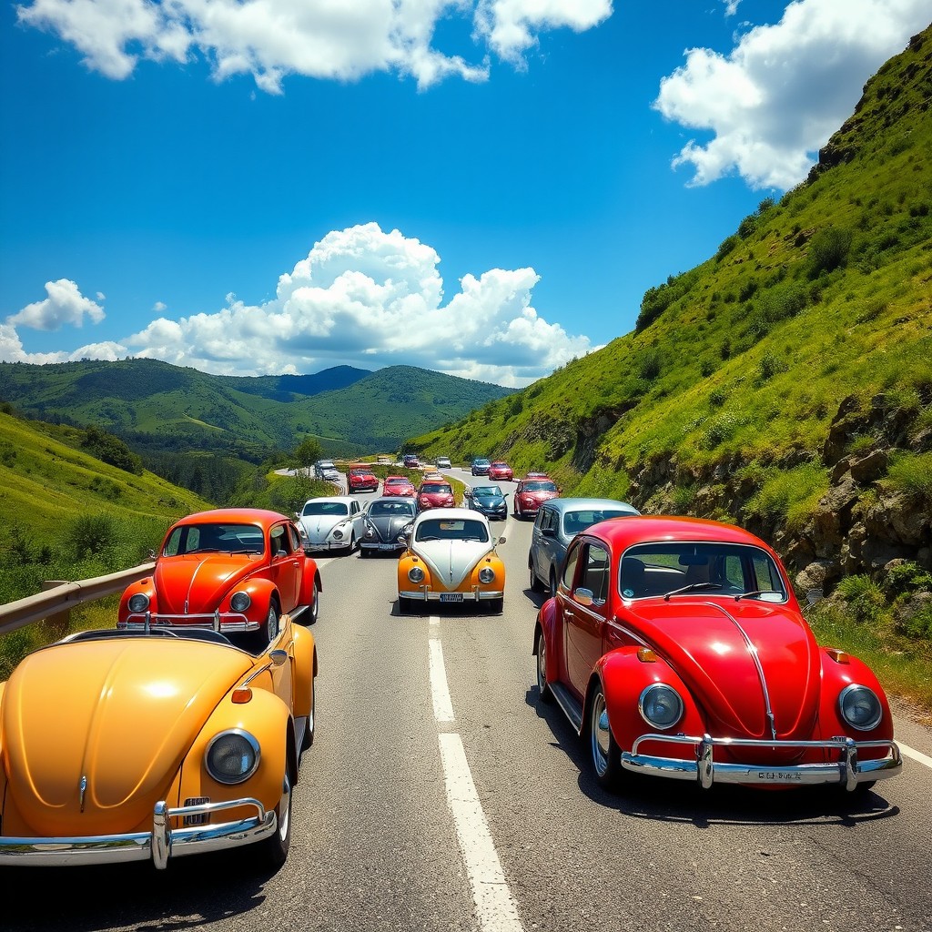 A picturesque scene featuring a variety of vintage and modern Volkswagen cars driving down a scenic, winding road surrounded by lush green hills
